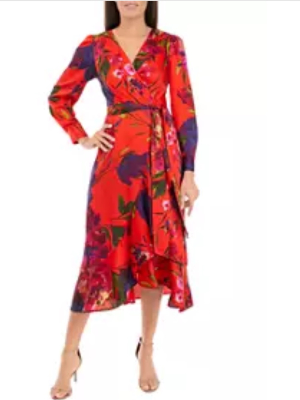 Red Floral Wrap Midi Dress - , Women's Stylish V-Neck